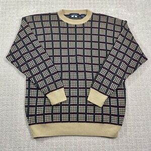 Vintage 90s Woods &‎ Gray Checkered Size XL Geometric Square Knit Sweater
